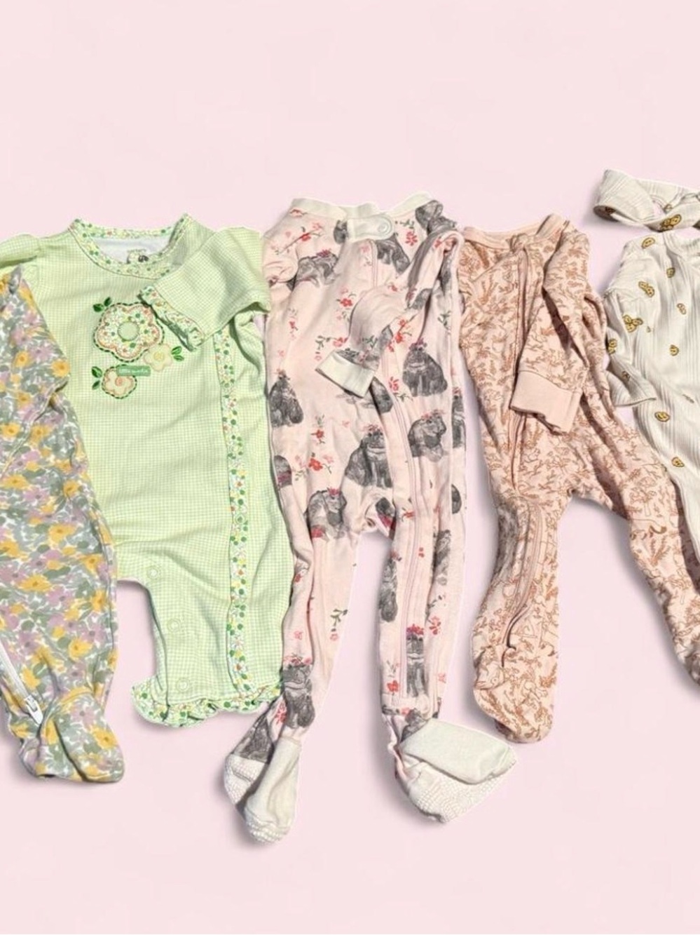 Baby Floral and Animal Print Footed One-Pieces - Pink, Green, Cream